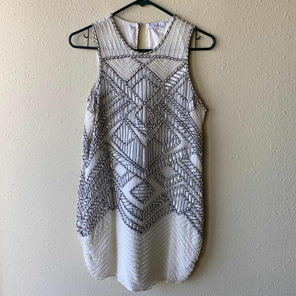 Parker White Beaded Midi Dress with Black Geometric Embroidery